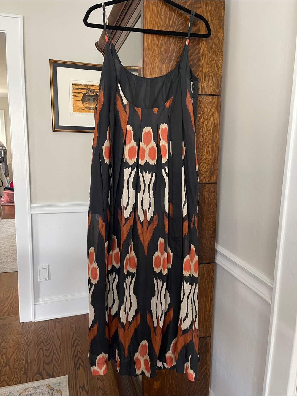 Anthropologie Black Maxi Dress with Rust and Cream Ikat Print - Picture 2 of 6